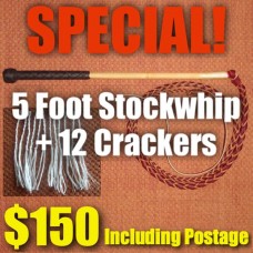 SPECIAL! 5 Foot 4 Plait Red Hide Stock Whip + Crackers + Postage