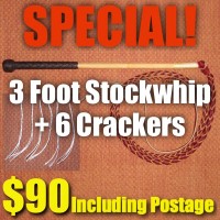 SPECIAL! 3 Foot 4 Plait Red Hide Stock Whip + Crackers + Postage